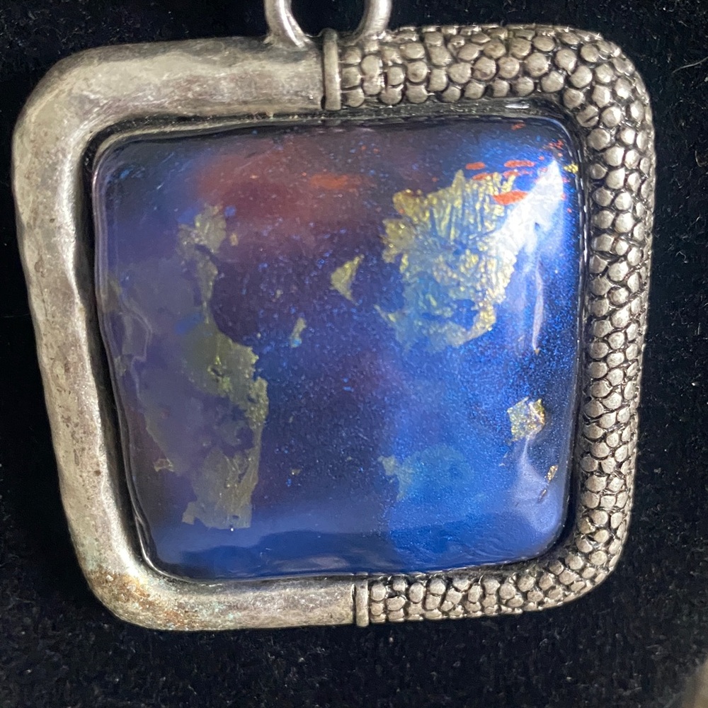 Chico's Multi-Tone Blue Square Pendant Necklace with Antique Silver Chains - Picture 4 of 6